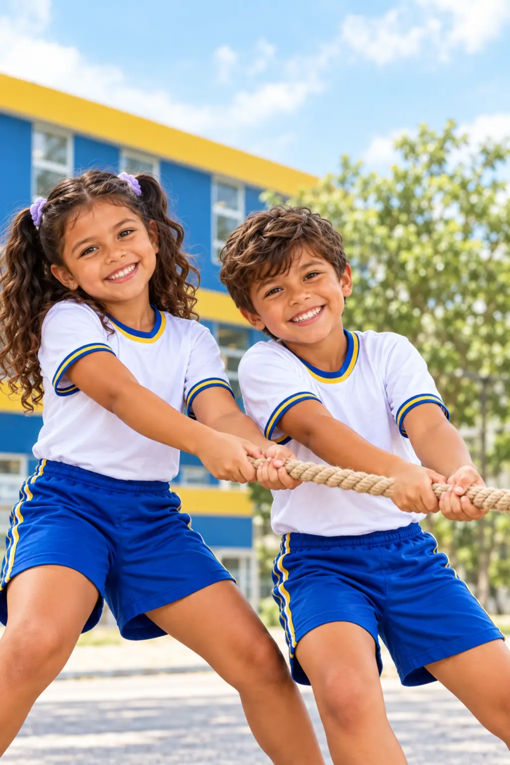 Alunos do Evolução brincando de cabo de guerra no pátio