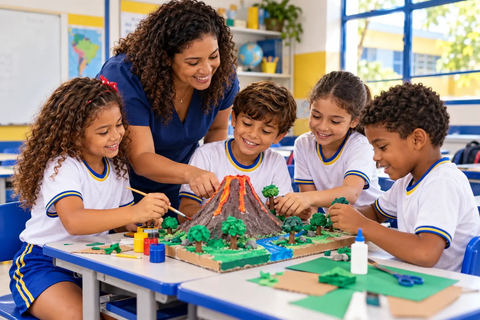 Professora e alunos de farda branca, azul e amarela montando uma maquete de vulcão